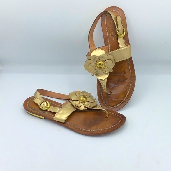 Coach Gold Sari Metallic Flowers Leather Sandals Size 8 - Picture 1 of 14